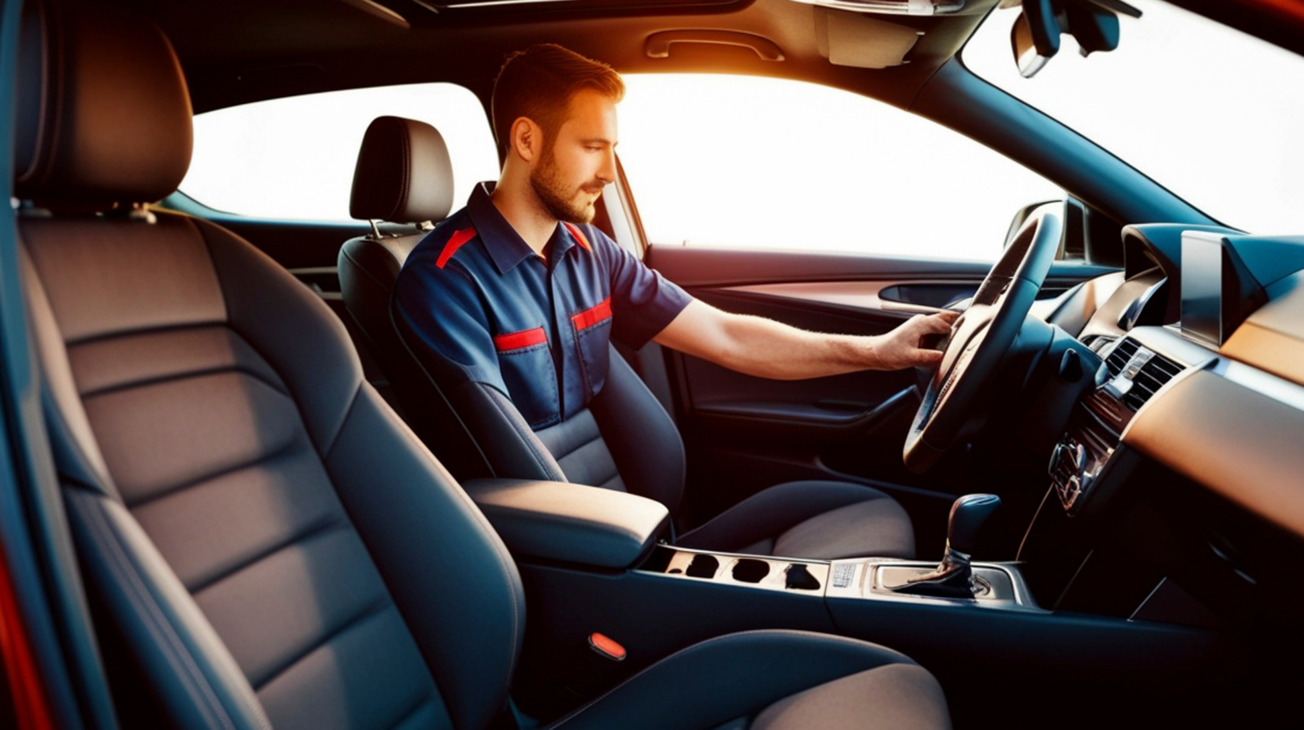 Profissional realizando inspeção interna durante laudo de vistoria veicular, verificando painel e volante do carro para compra e venda.